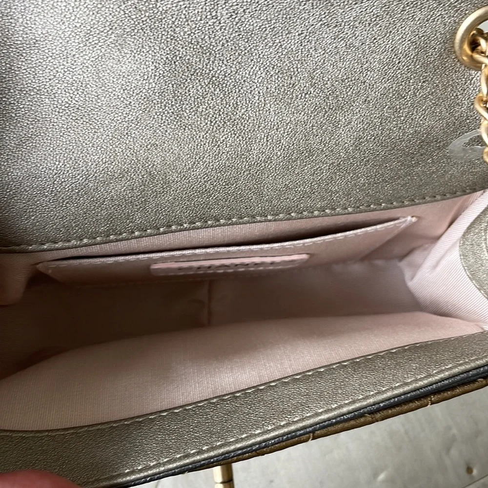 Chanel mini square quilted camellia two toned flap bag 17a bronze silver gold